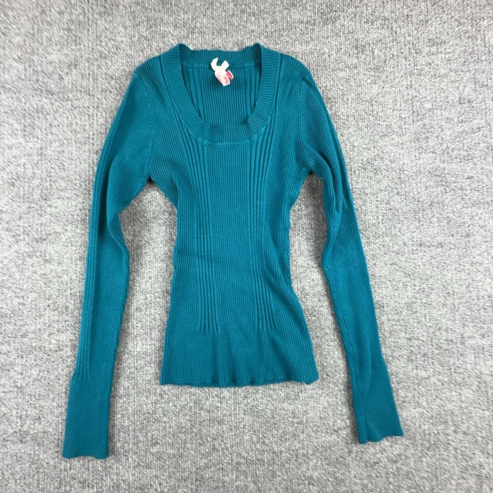 Y2K Derek Heart Sweater Juniors Small Blue Square Neck Ribbed Knit Pullover Top